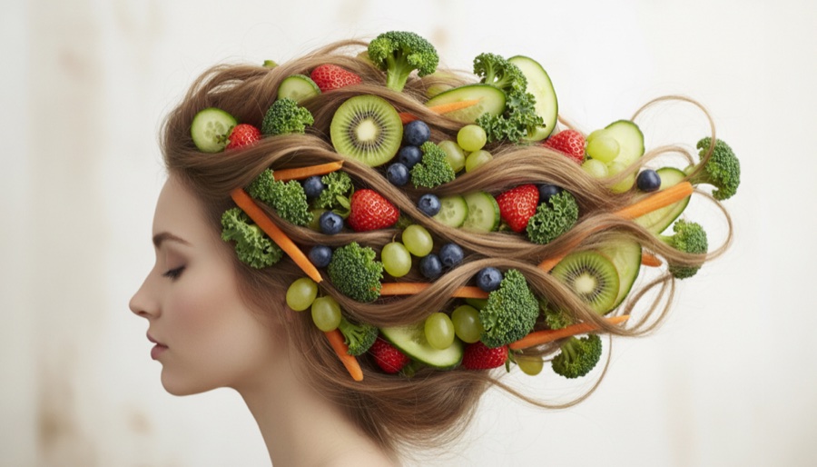 Illustration of nutrition and nutrient supply reaching the hair follicle